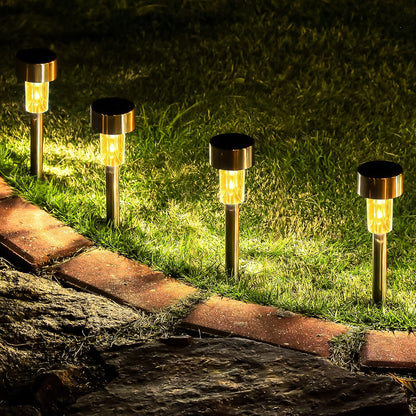 Set of two Wukusy solar-powered stainless steel garden pathway lights, 31x4 cm, for outdoor illumination.