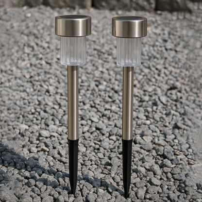 Two Wukusy solar-powered stainless steel garden pathway lights, 31x4 cm, designed for outdoor garden illumination.