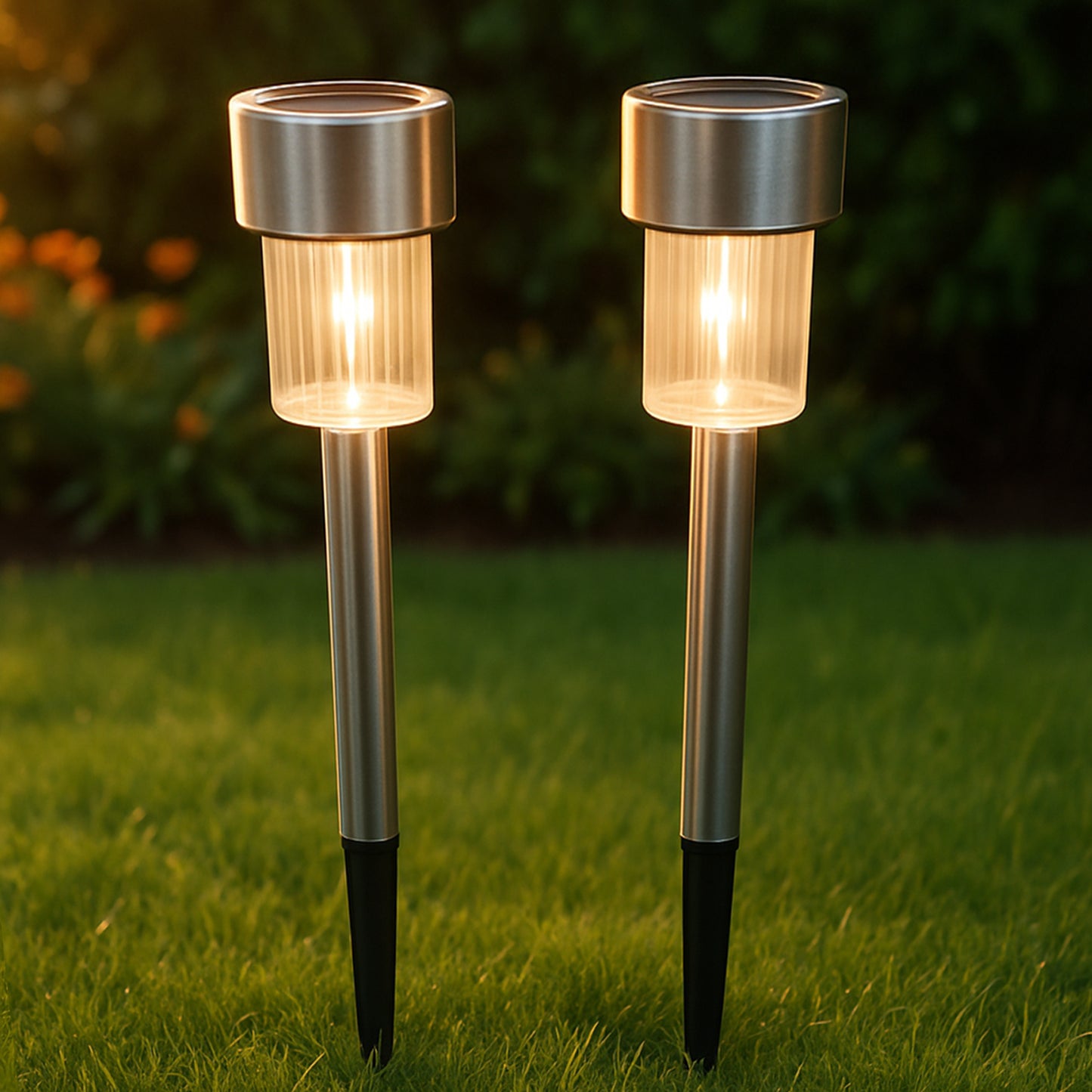 Two solar-powered stainless steel garden pathway lights, 31x4 cm, designed for illuminating garden walkways.
