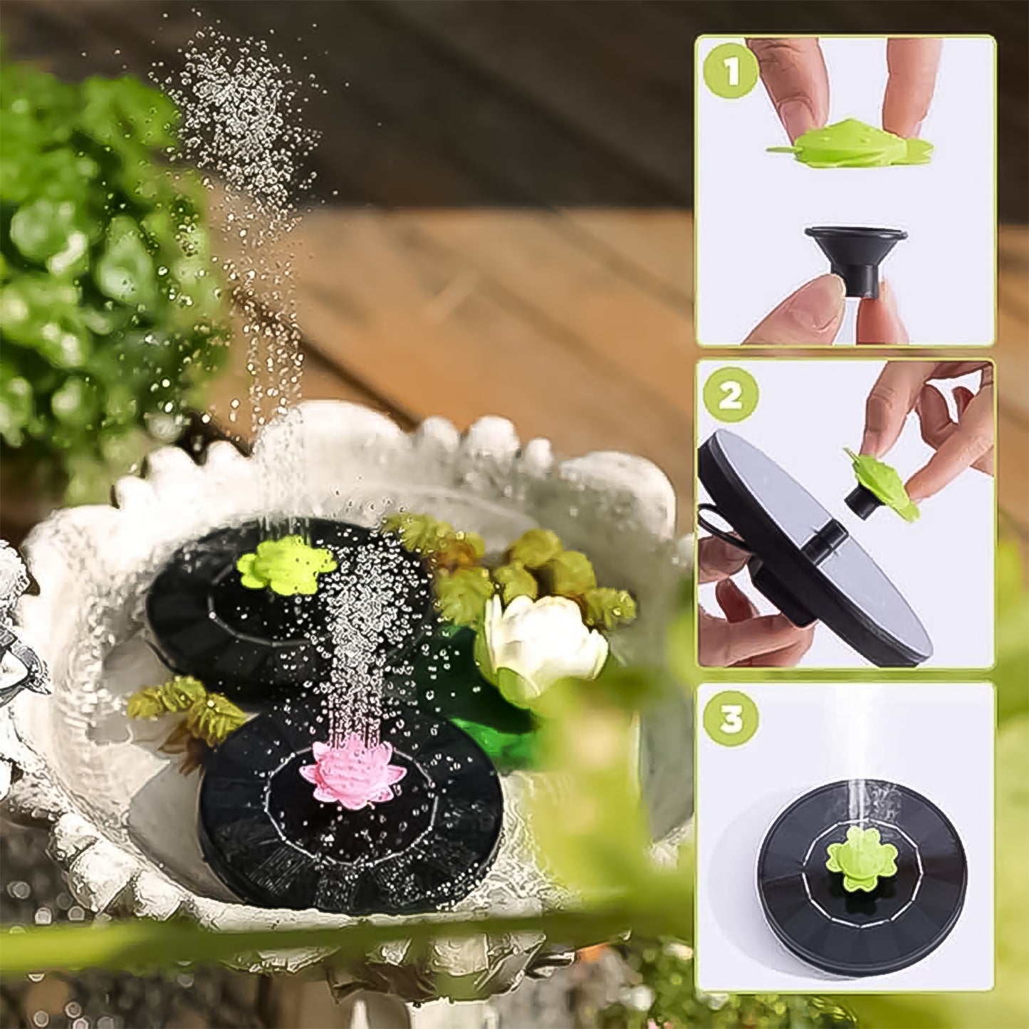 Wukusy garden solar water fountain pump set with multiple nozzles, suitable for outdoor garden pond or decorative water features.