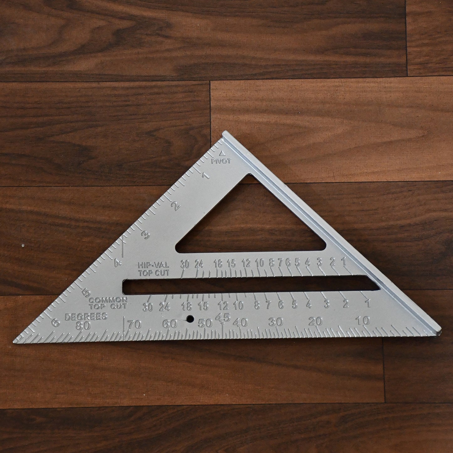 Wukusy 7-inch aluminum alloy double-sided 45-degree triangle ruler for measuring and rafter framing in hardware projects.