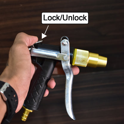Wukusy gold-plated metal trigger hose nozzle with water lever spray for garden watering and outdoor cleaning tasks.