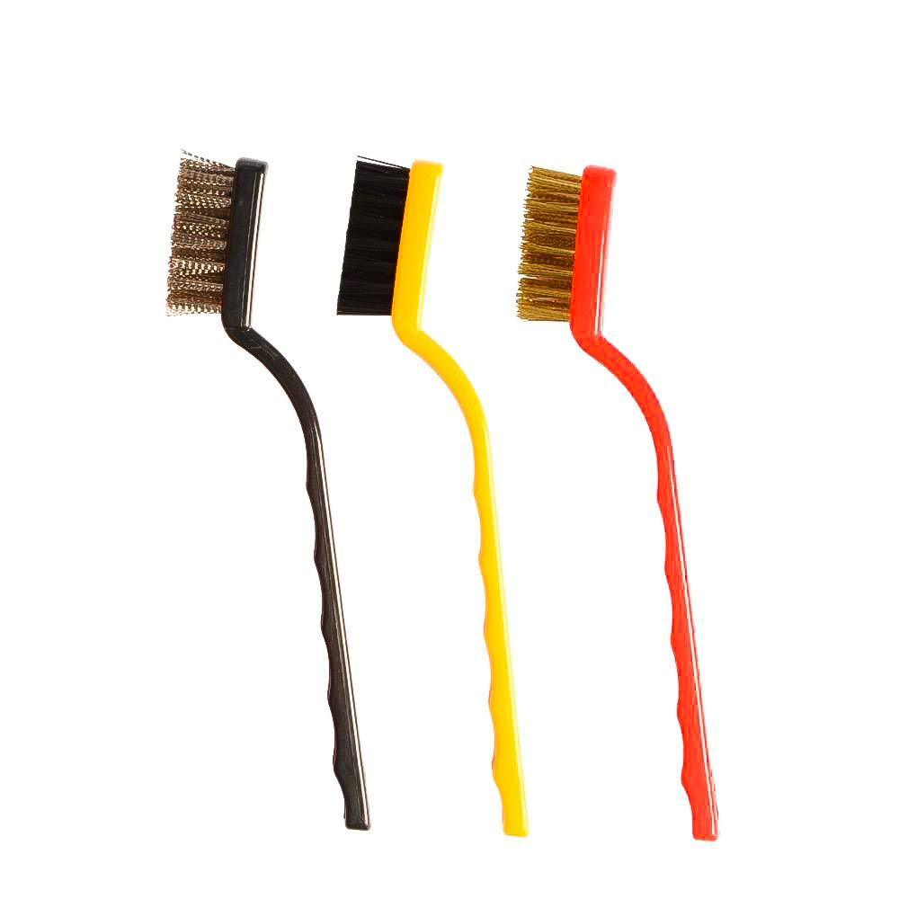 Wukusy 3-piece mini wire brush set with brass, nylon, and stainless steel bristles for cleaning and detailing hardware tools.