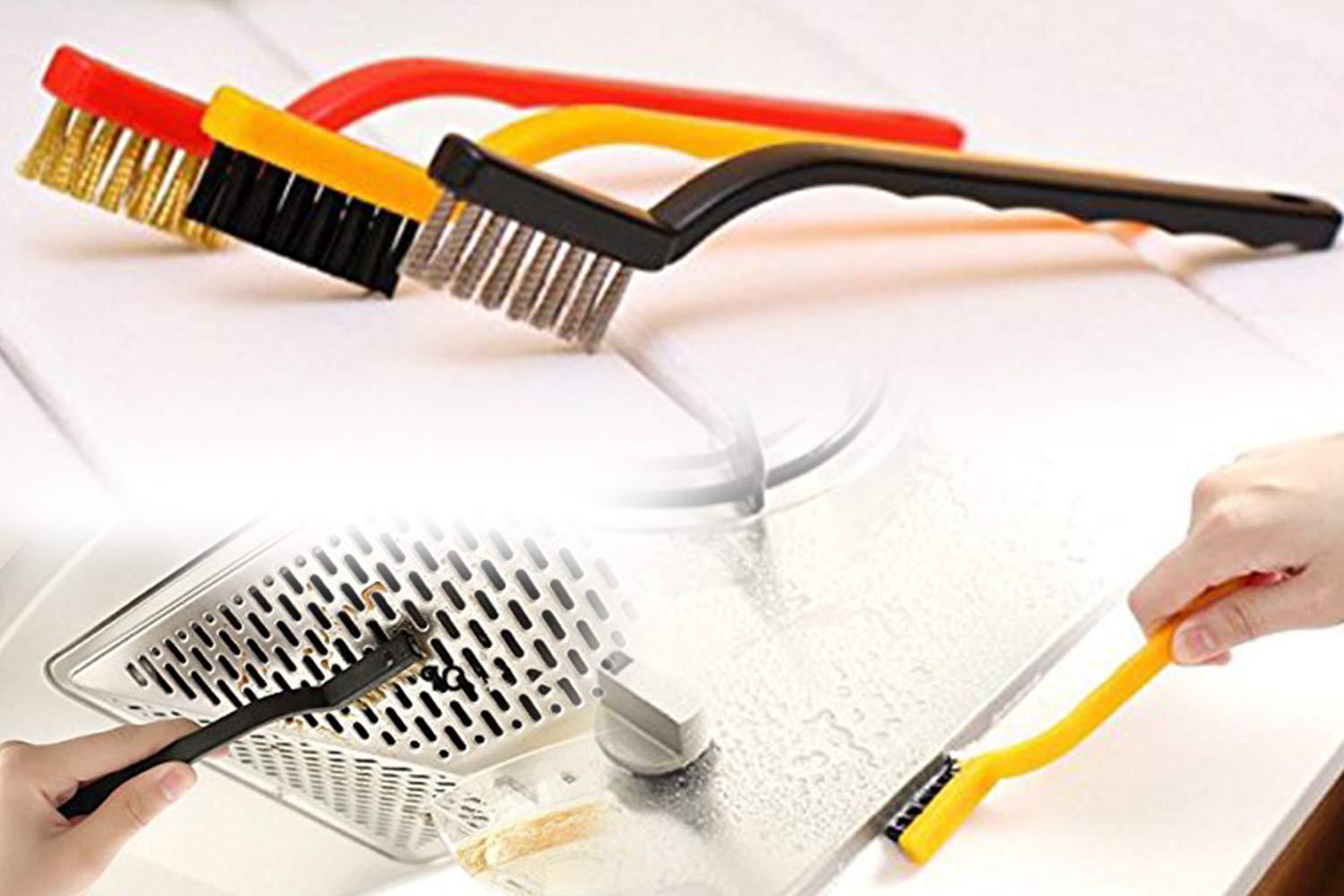 Wukusy 3-piece mini wire brush set with brass, nylon, and stainless steel bristles for hardware cleaning and polishing.