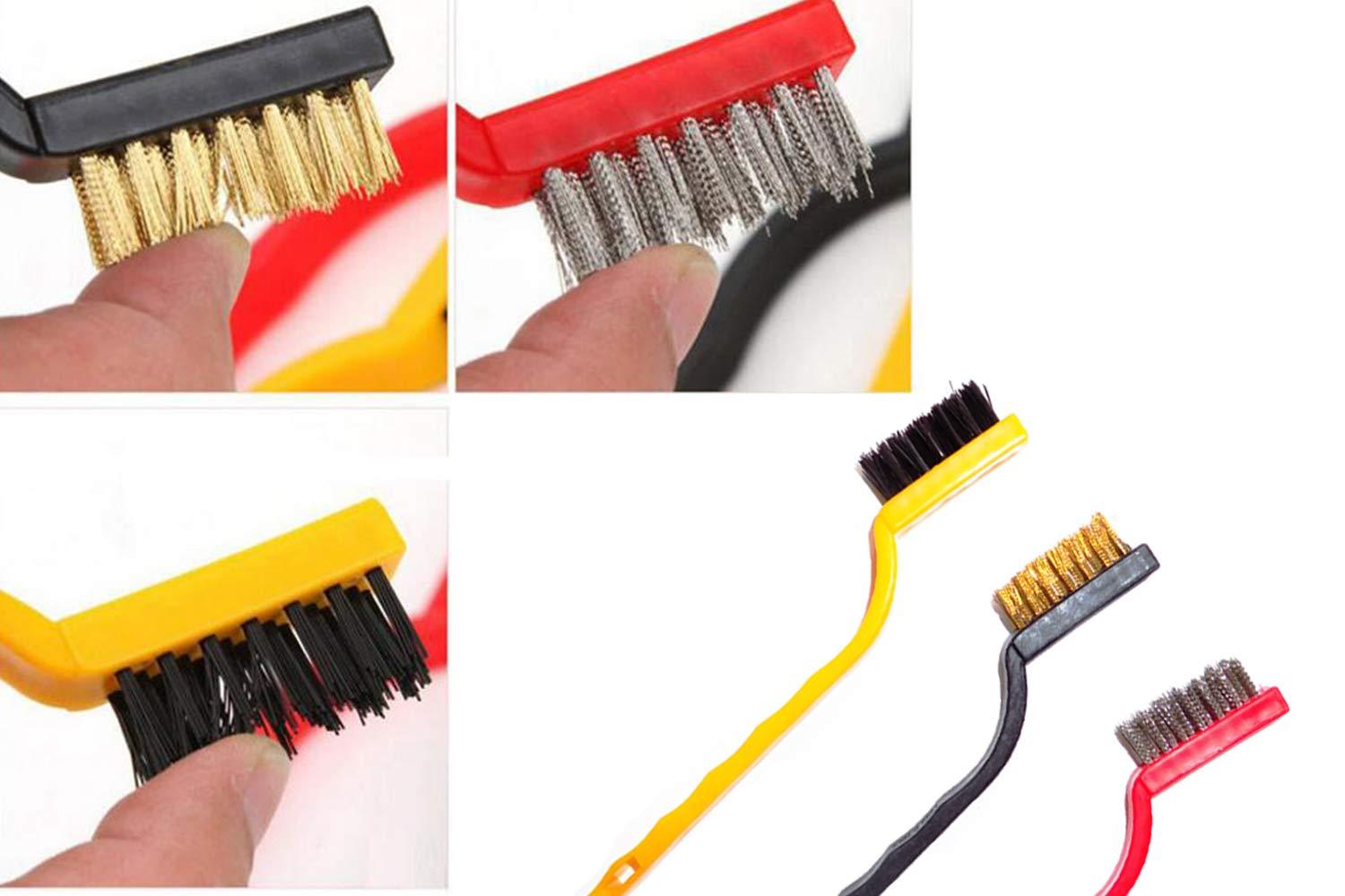 Wukusy 3-piece mini wire brush set with brass, nylon, and stainless steel bristles for detailed cleaning and scrubbing tasks.