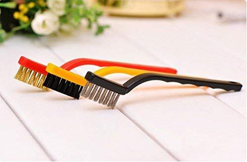 Wukusy 3-piece mini wire brush set with brass, nylon, and stainless steel bristles for hardware cleaning and polishing tasks.