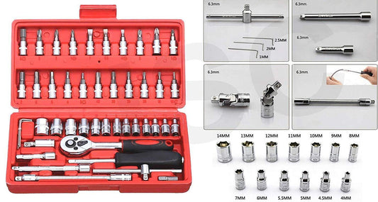 Wukusy 422 Socket 14-inch combination repair tool kit with 46 red hardware tools for DIY and repair projects.