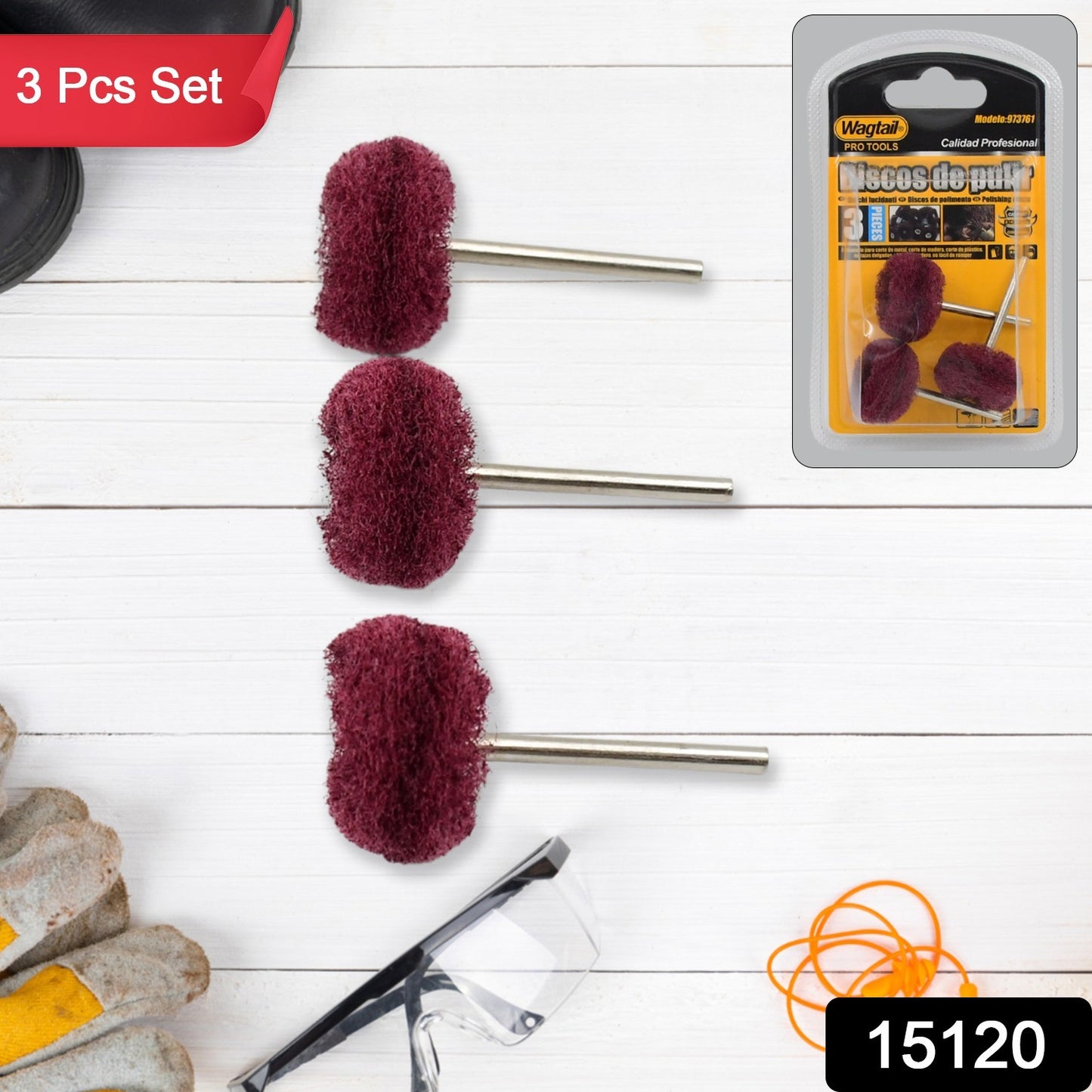 Wukusy abrasive buffing and polishing wheel set with three hardware wheels for metal and surface finishing tasks.