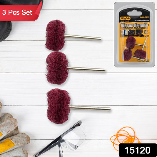 Wukusy abrasive buffing and polishing wheel set with three hardware wheels for metal and surface finishing tasks.