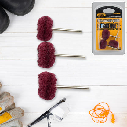Wukusy abrasive buffing and polishing wheel set with three hardware wheels for metal and surface finishing.