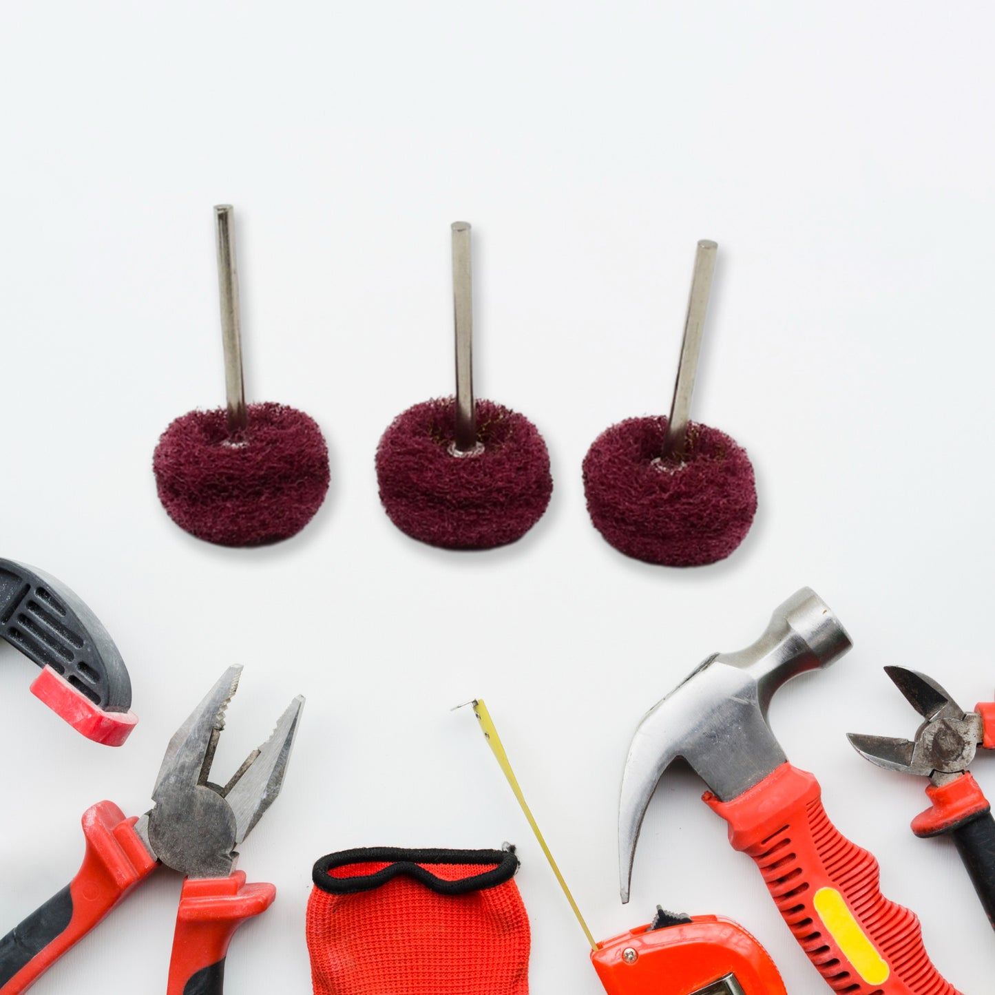 Wukusy abrasive buffing and polishing wheel set with three hardware tools for metal and surface finishing.