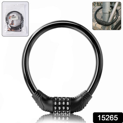 Wukusy self-coiling 4-digit combination bike lock cable secured around a bike frame, showcasing the resettable combination lock.