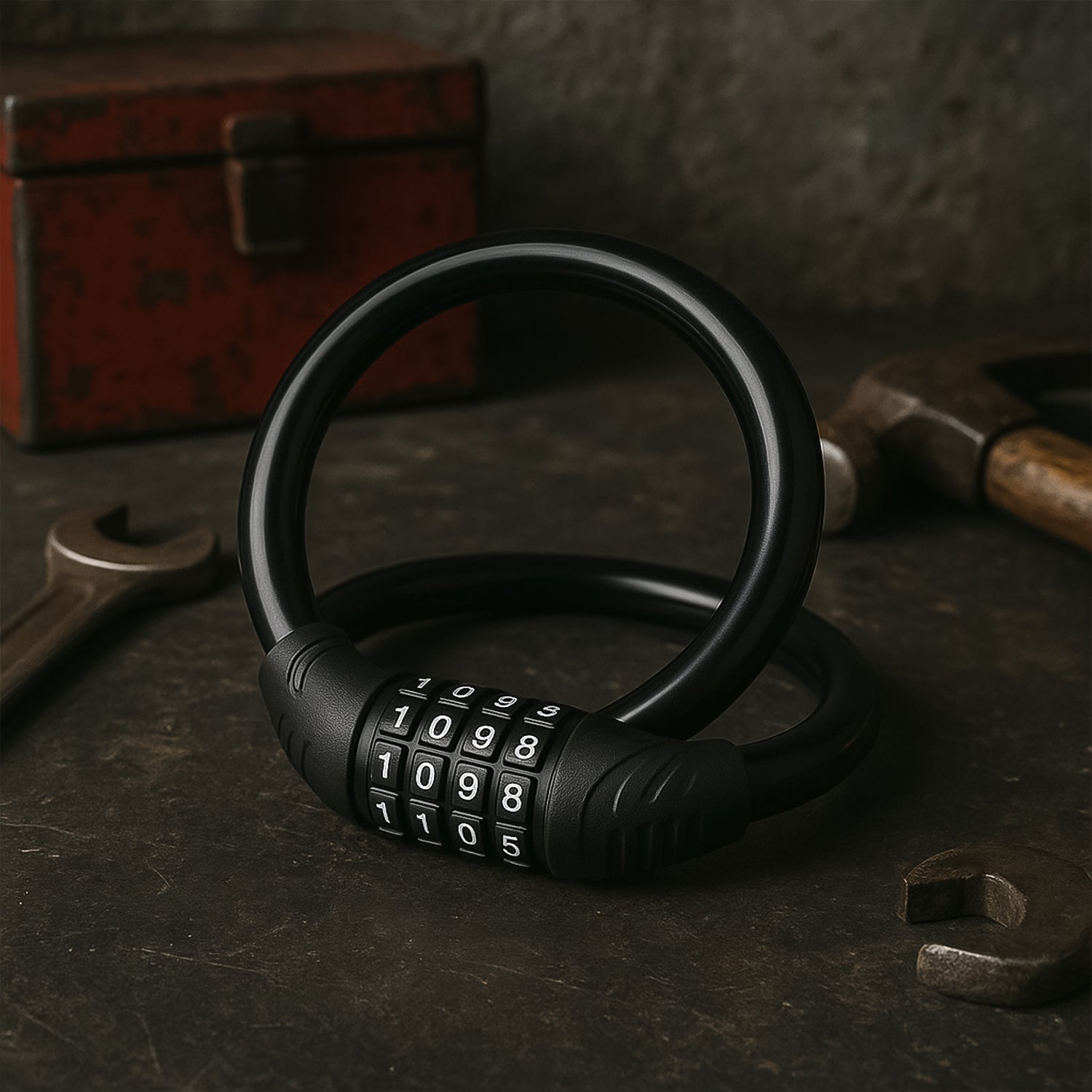 Wukusy bike lock cable with self-coiling design and 4-digit combination lock, suitable for securing bicycles.