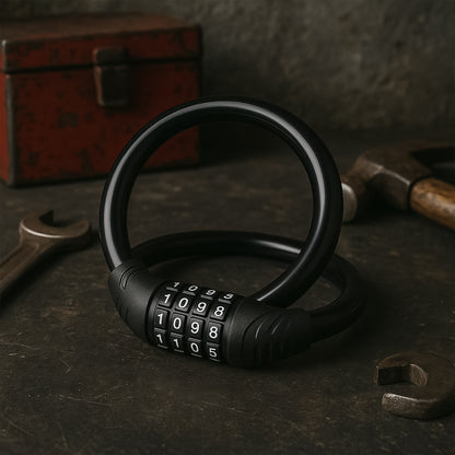 Wukusy bike lock cable with self-coiling design and 4-digit combination lock, suitable for securing bicycles.
