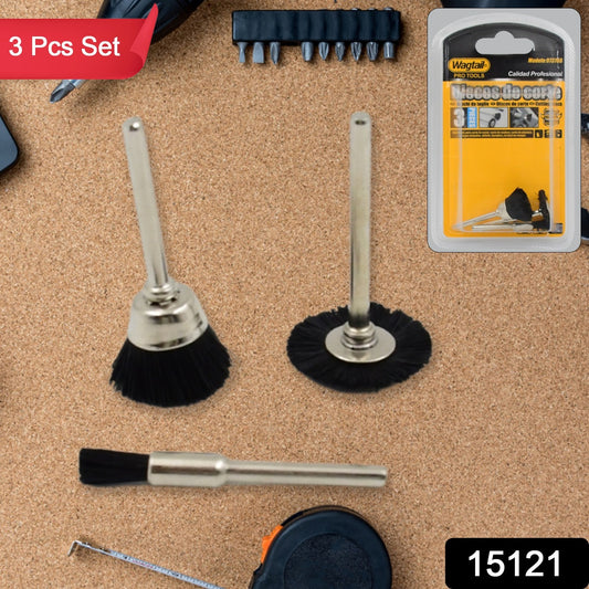 Set of three brass wire wheels from Wukusy for rust removal, crafted for hardware and metal cleaning tasks.