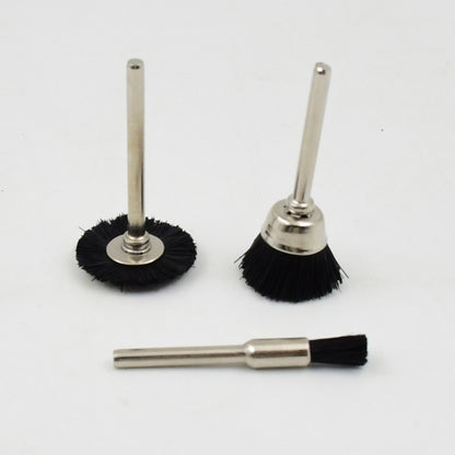 Set of three brass wire wheels for rust removal, Wukusy hardware tool, ideal for cleaning and polishing metal surfaces.