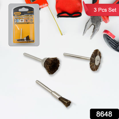 Set of three brass wire wheels by Wukusy for rust removal, ideal for hardware and metal cleaning tasks.