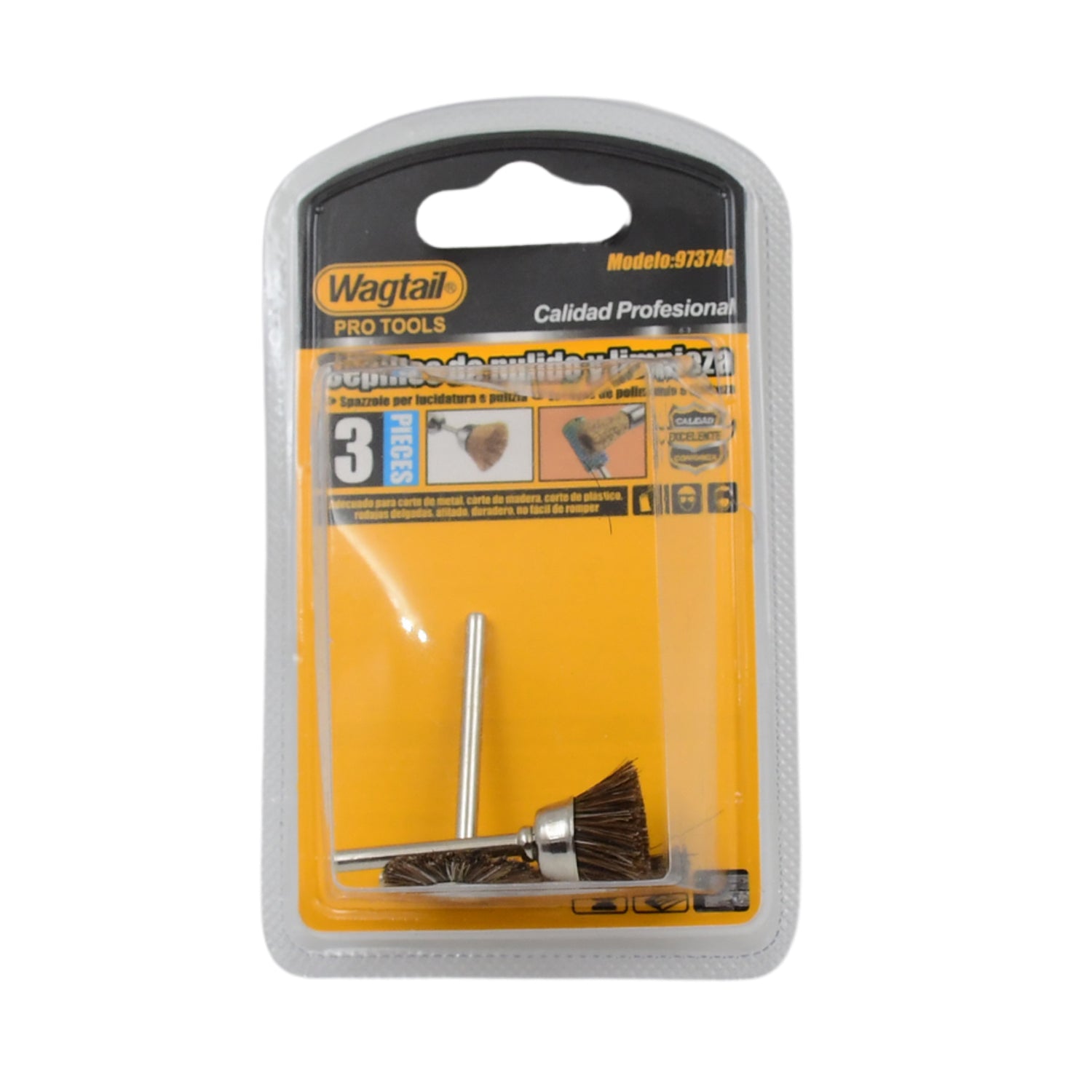 Set of three brass wire wheels from Wukusy for rust removal, ideal for hardware and metal cleaning projects.