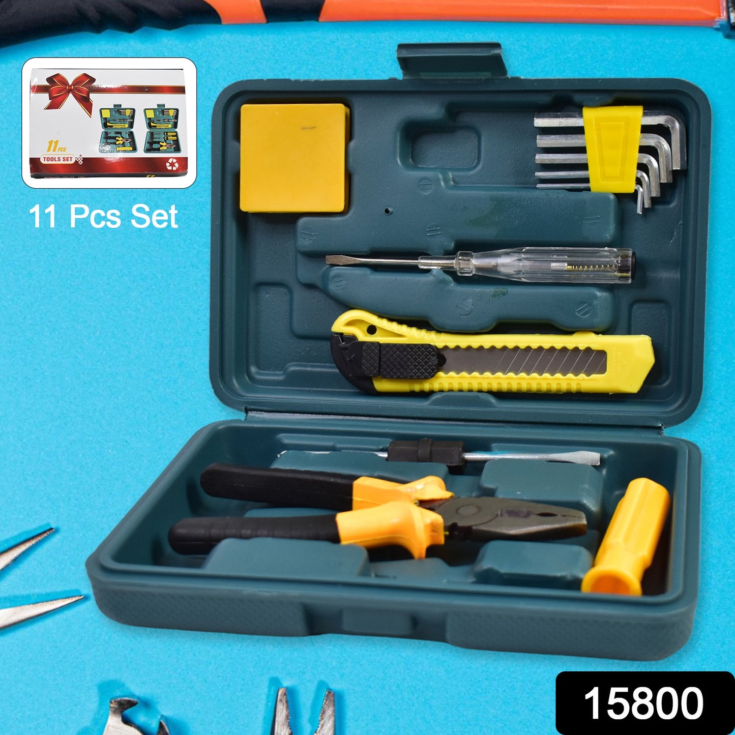 Wukusy 11-piece multi-functional hardware tool set includes pliers, screwdrivers, and wrenches for home repair and DIY projects.
