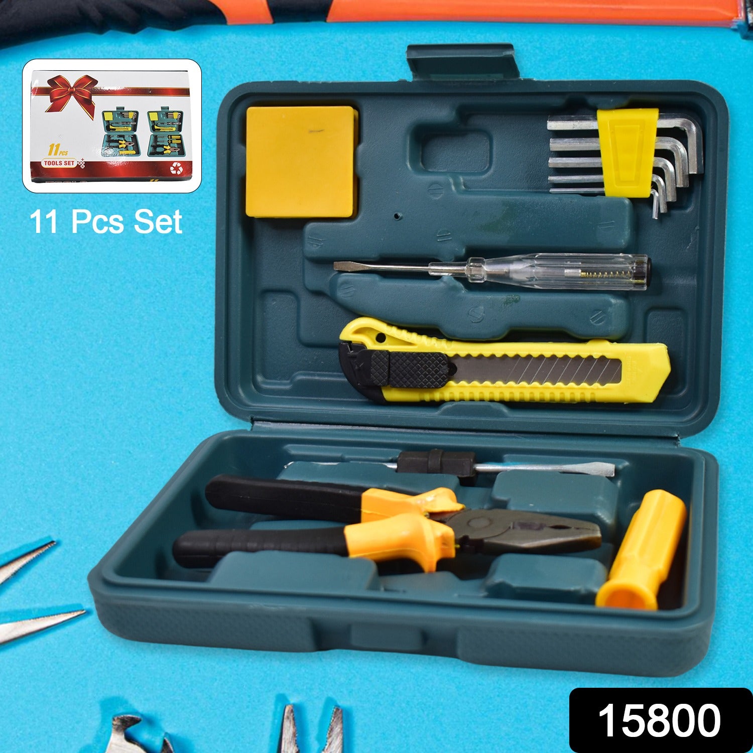 Wukusy 11-piece multi-functional hardware tool set includes pliers, screwdrivers, and wrenches for home repair and DIY projects.