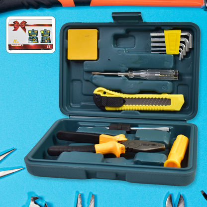 Wukusy 11-piece multi-functional hardware tool set with screwdrivers, wrenches, and pliers arranged on a workbench.