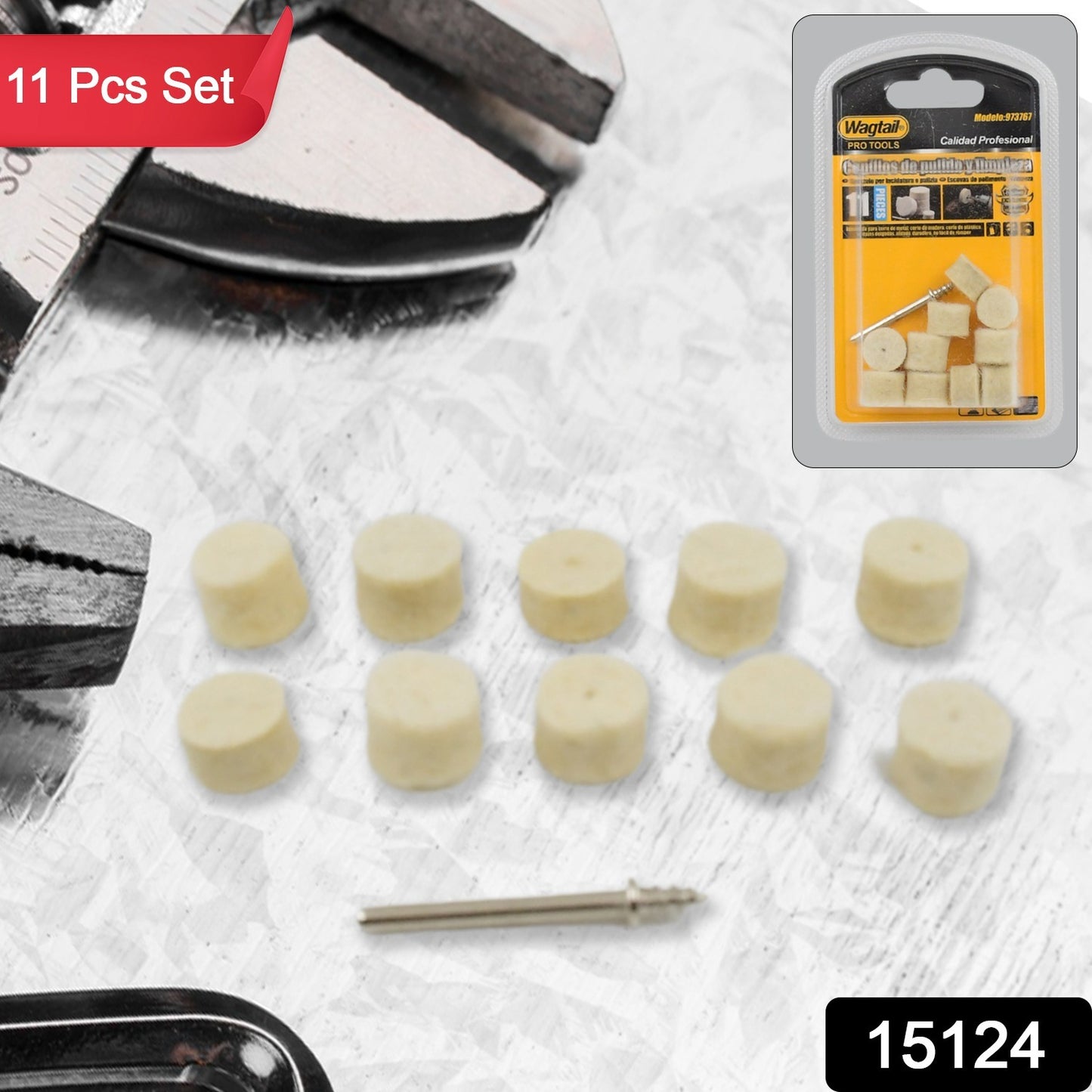 Wukusy rotary tool accessory set with 11 wool felt polishing pads for detailed polishing and finishing tasks.