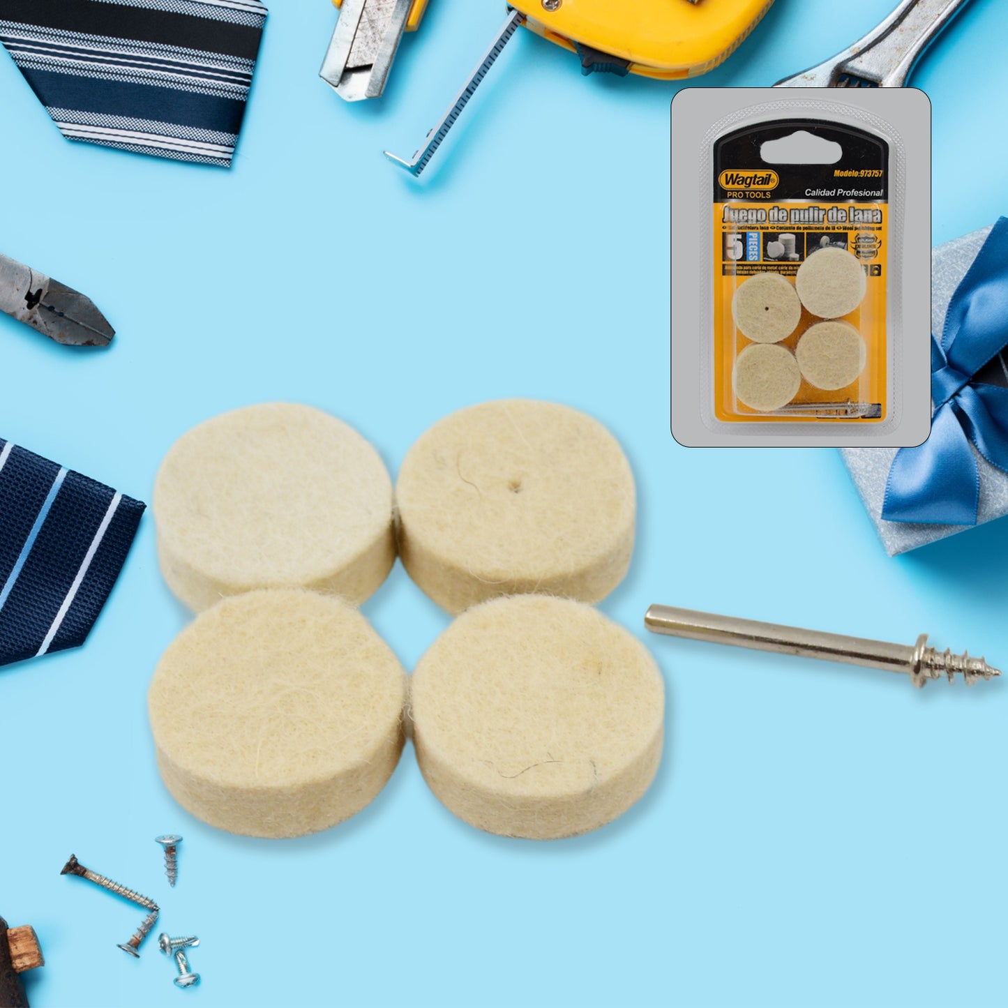 Wukusy rotary tool accessory wool felt polishing pads, 5-piece set for detailed polishing and finishing tasks.