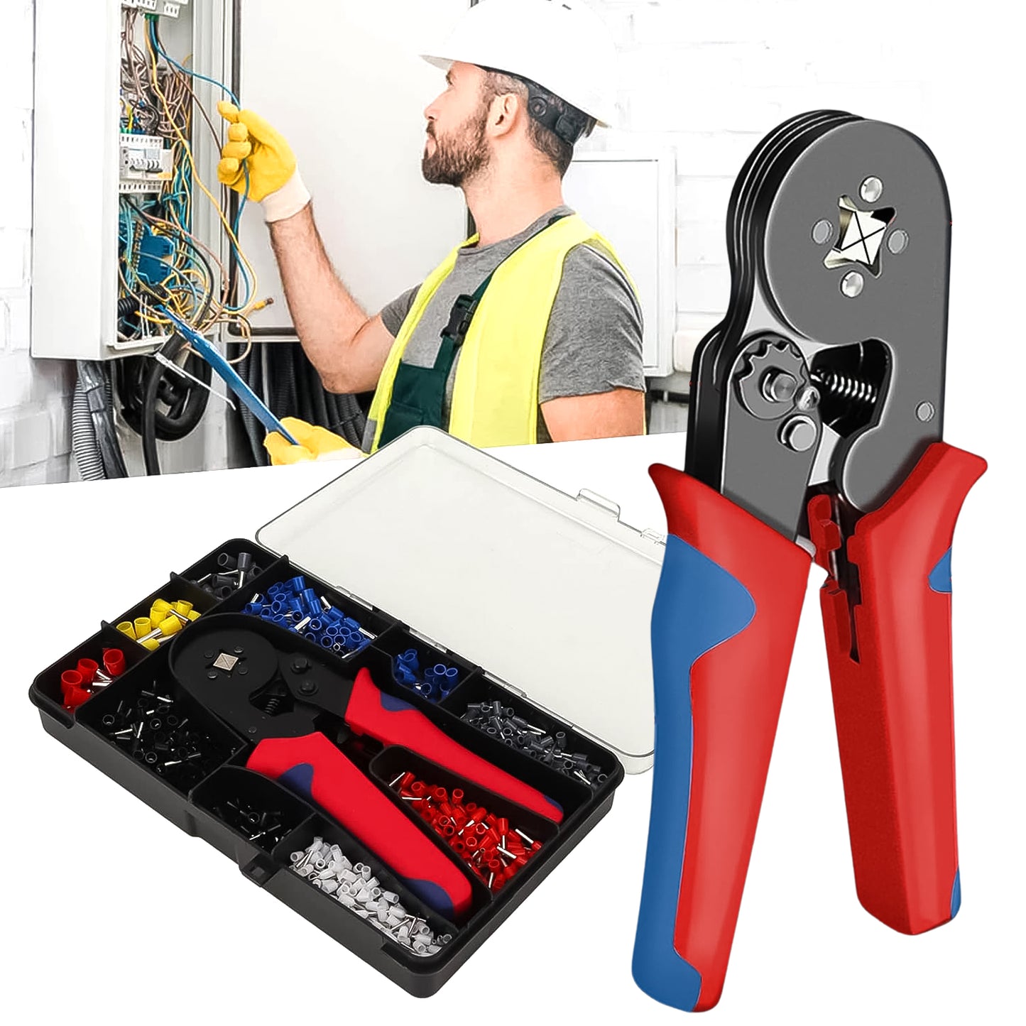 Wukusy wire ferrule kit with 1200pcs wire end ferrules and crimper plier for electrical wiring and hardware applications.
