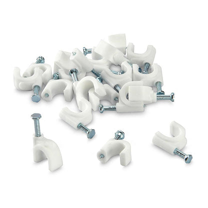 Wukusy 9020 100-piece 6mm cable clips for securing wires to walls, used for organizing electrical and communication cables.