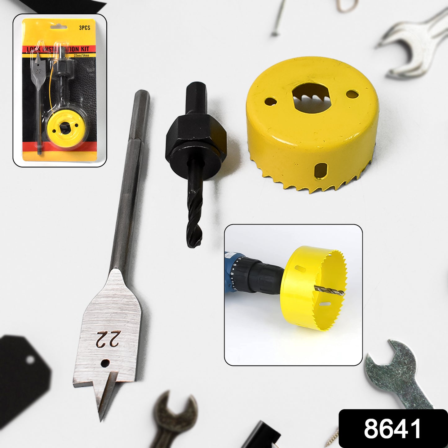Wukusy door lock installation hole saw kit with 22mmx150mm cutting size, hardware fittings for precise lock fitting.