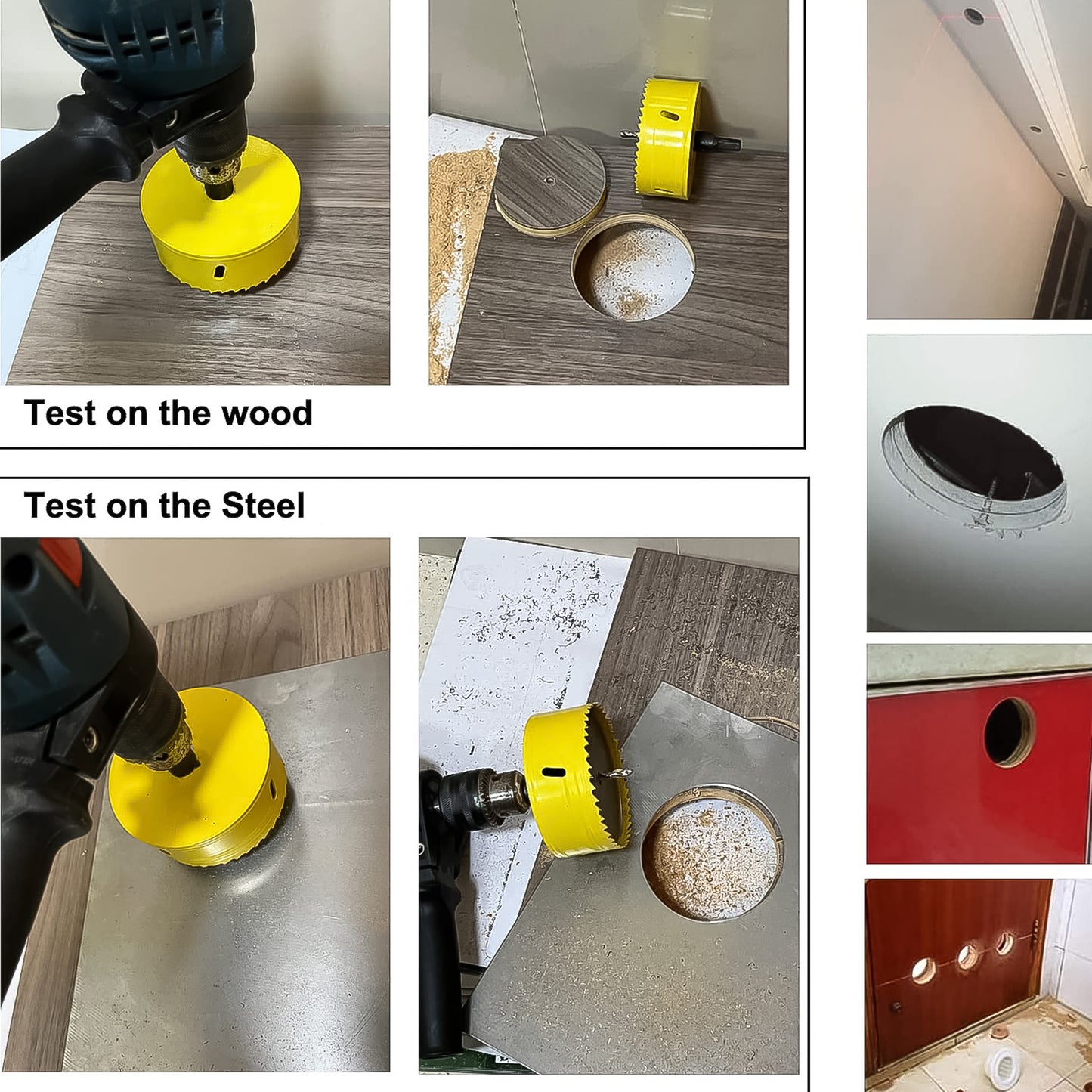 Wukusy door lock installation hole saw kit with 22mmx150mm cutting diameter, hardware fitting tools, and accessories.