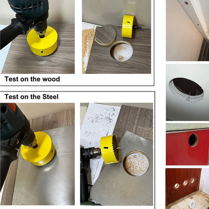 Wukusy door lock installation hole saw kit with 22mmx150mm cutting diameter, hardware fitting tools, and accessories.