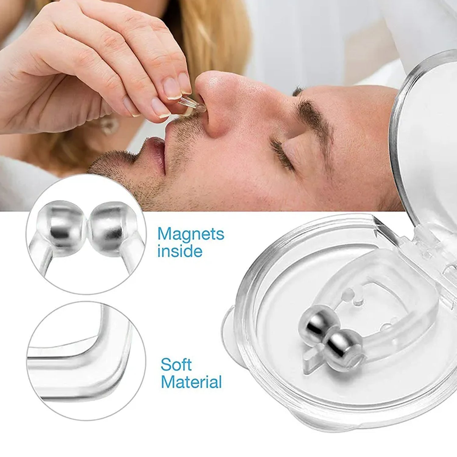Wukusy silicone magnetic nose clip for men and women, anti-snoring device to reduce heavy snoring during sleep.