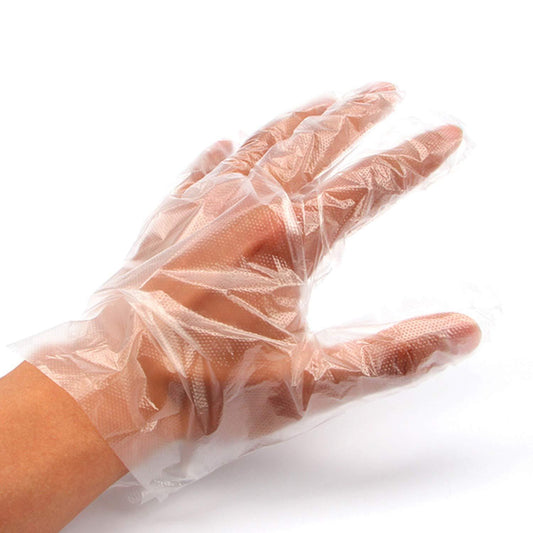 Pair of white Wukusy plastic transparent disposable gloves, showing their snug fit and clear material for health and beauty use.