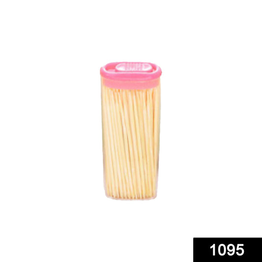 Wukusy 1095 bamboo toothpicks with dispenser box, eco-friendly dental hygiene tools in a clear plastic container.