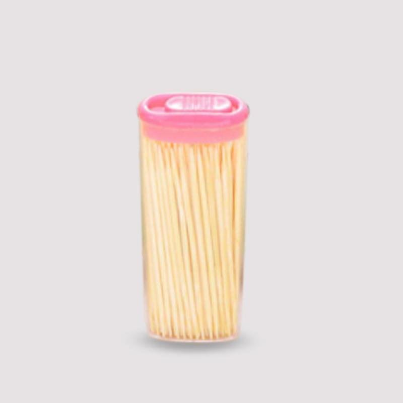 Wukusy 1095 bamboo toothpicks with dispenser box, eco-friendly dental hygiene tool in a clear plastic box.