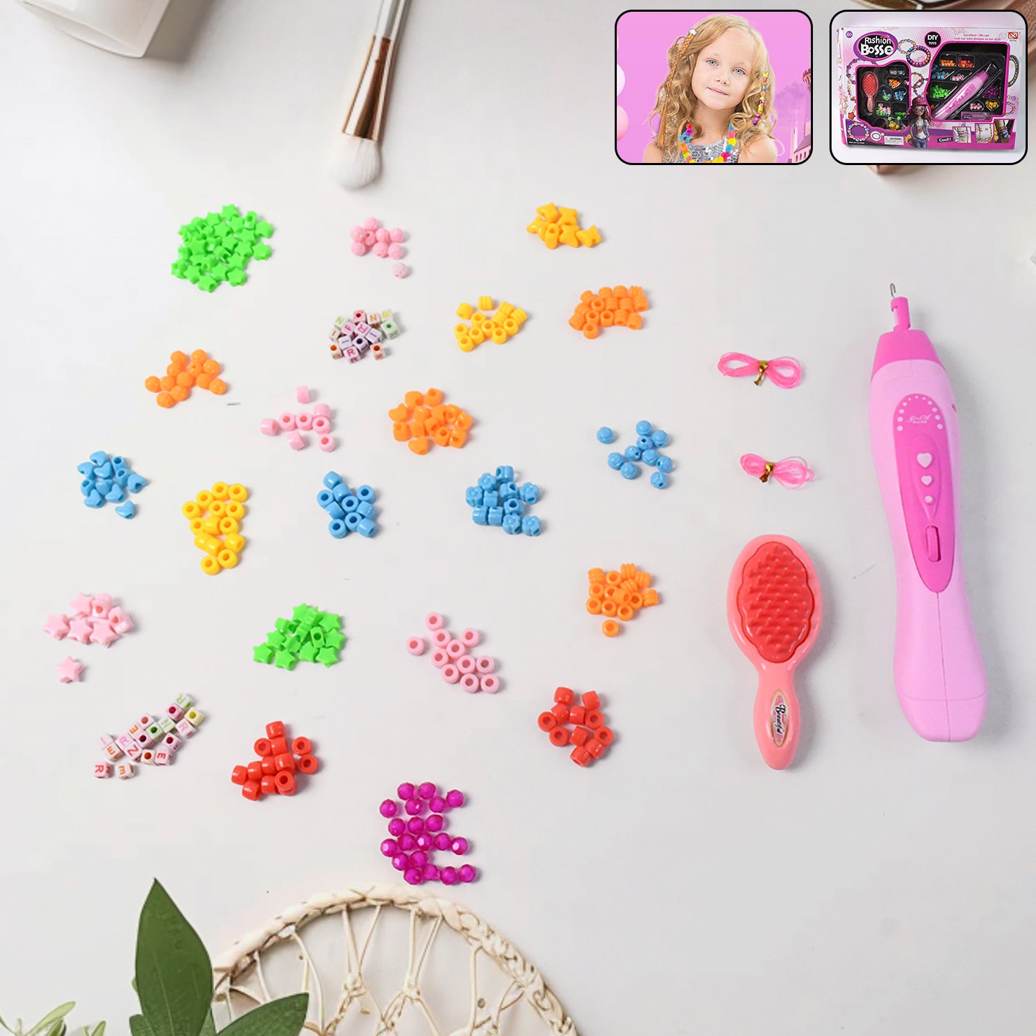 Wukusy hair styling clasp clips and beads kit for girls, includes comb, rubber buttons, beads, and twisting hair braiding tools.