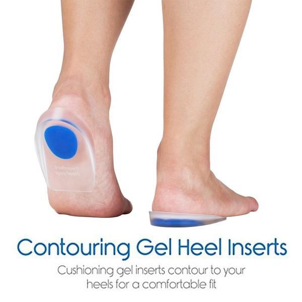 Wukusy Gel Heel Cups silicone heel pads designed to relieve heel and ankle pain, shown in a close-up image.