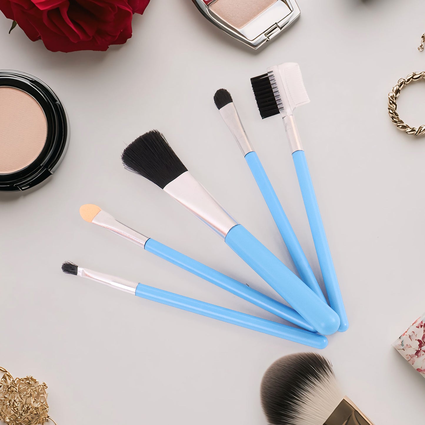 Wukusy 1440 Makeup Brushes Kit with five versatile brushes for face and eye makeup application in a sleek set.