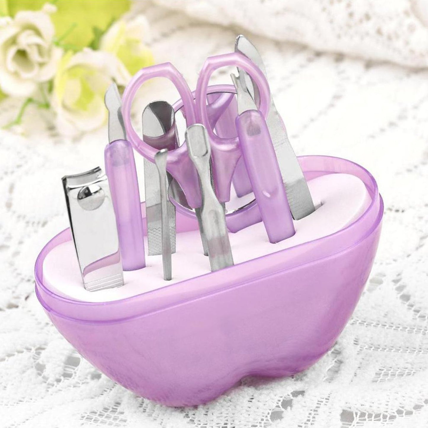 Wukusy 1491 8-in-1 apple-shaped manicure set with various nail tools for grooming and beauty care.