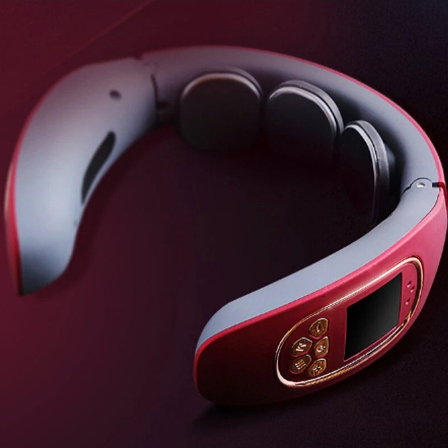 Wukusy 3-heads smart electric neck and back pulse massager showing adjustable massage nodes and ergonomic design for pain relief.