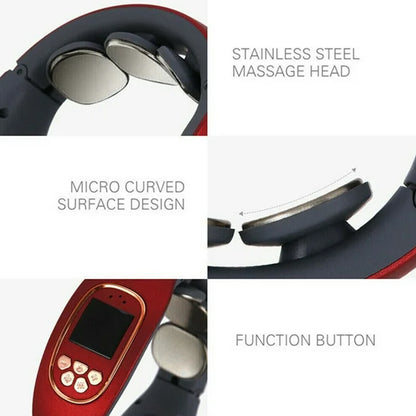 Wukusy 3 Heads Smart Electric Neck and Back Pulse Massager showing the device with adjustable settings on a user’s neck and back.