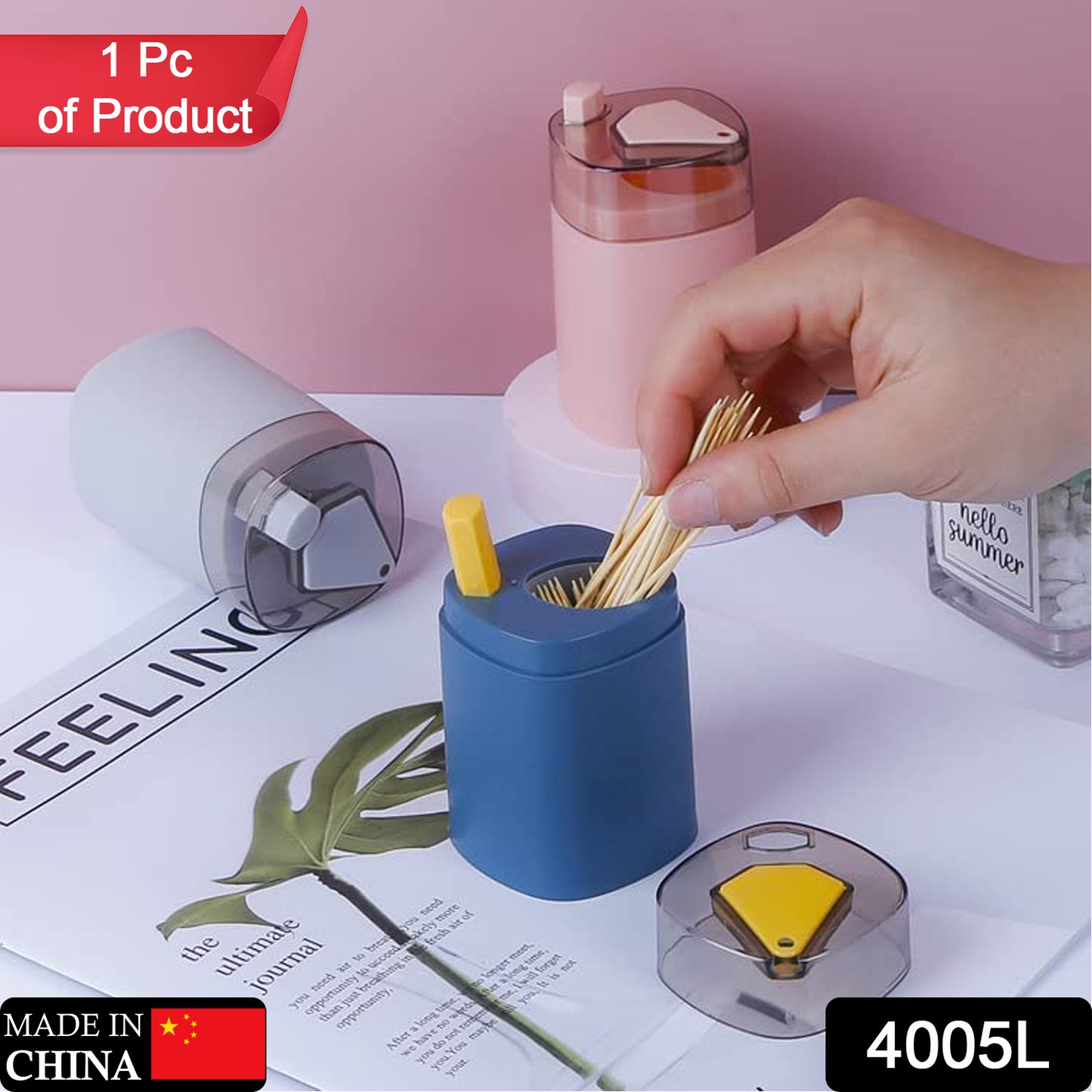 Wukusy automatic toothpick dispenser with pop-up design, sleek container for kitchen or restaurant, holds thickening toothpicks securely.