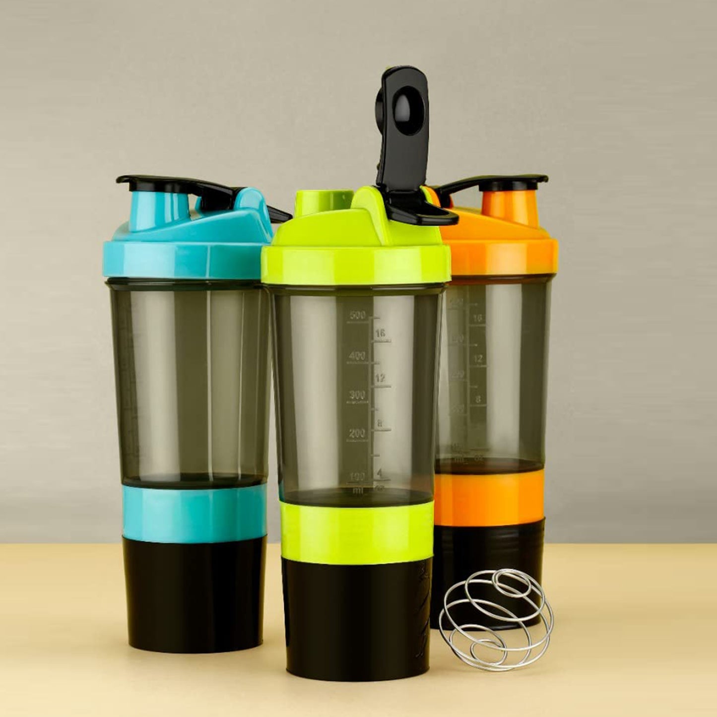 Wukusy Gym Shaker Bottle for protein shakes, portable health and fitness accessory, with a secure lid and mixing ball inside.