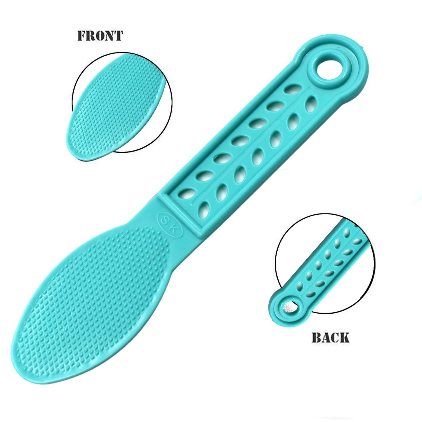 Wukusy plastic foot scrubber for pedicure and foot care, showing textured surface for exfoliating and cleaning feet.