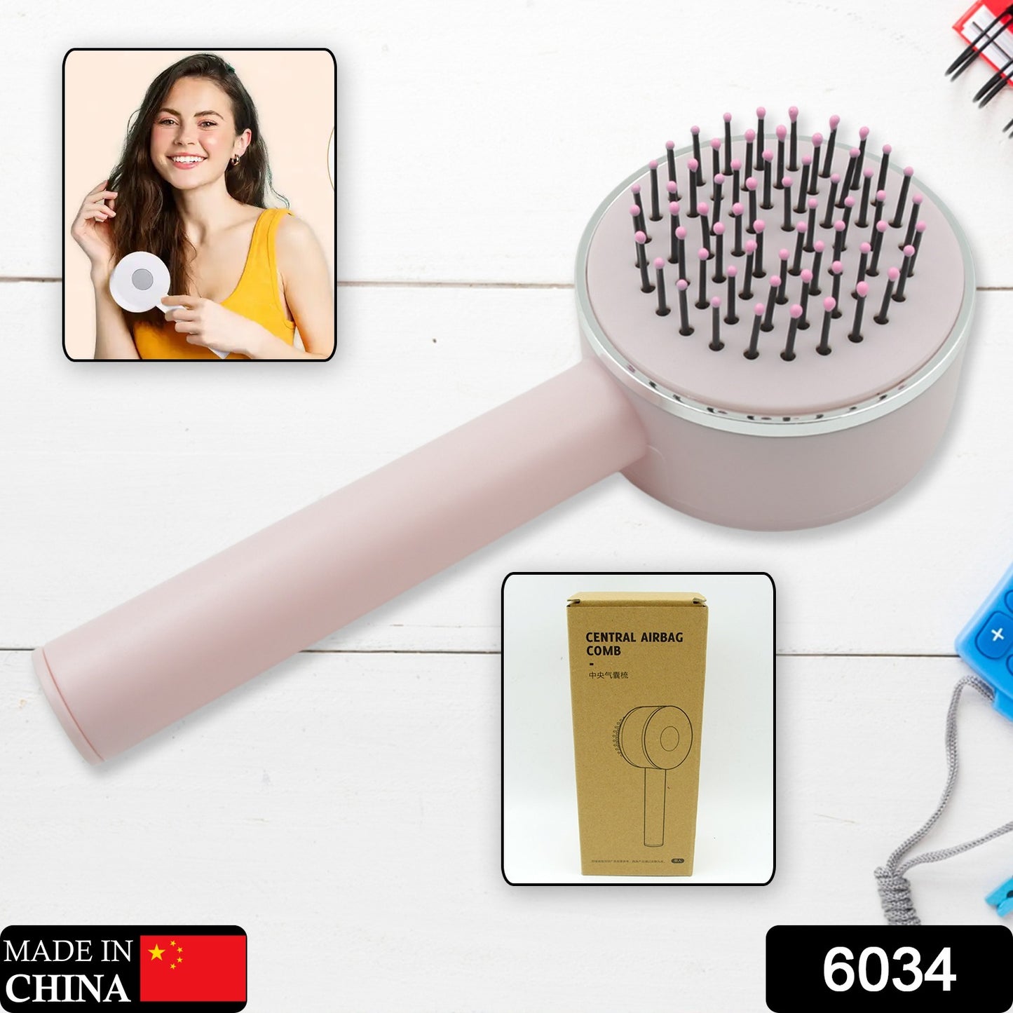 Wukusy air cushion massage brush with long handle, self-cleaning, anti-static hair comb for detangling all hair types.