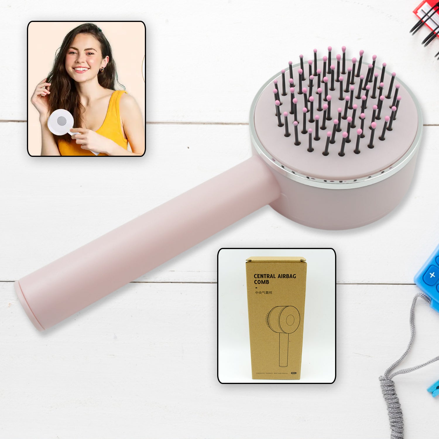 Wukusy Air Cushion Massage Brush with long handle, self-cleaning, anti-static hair detangling comb for all hair types.