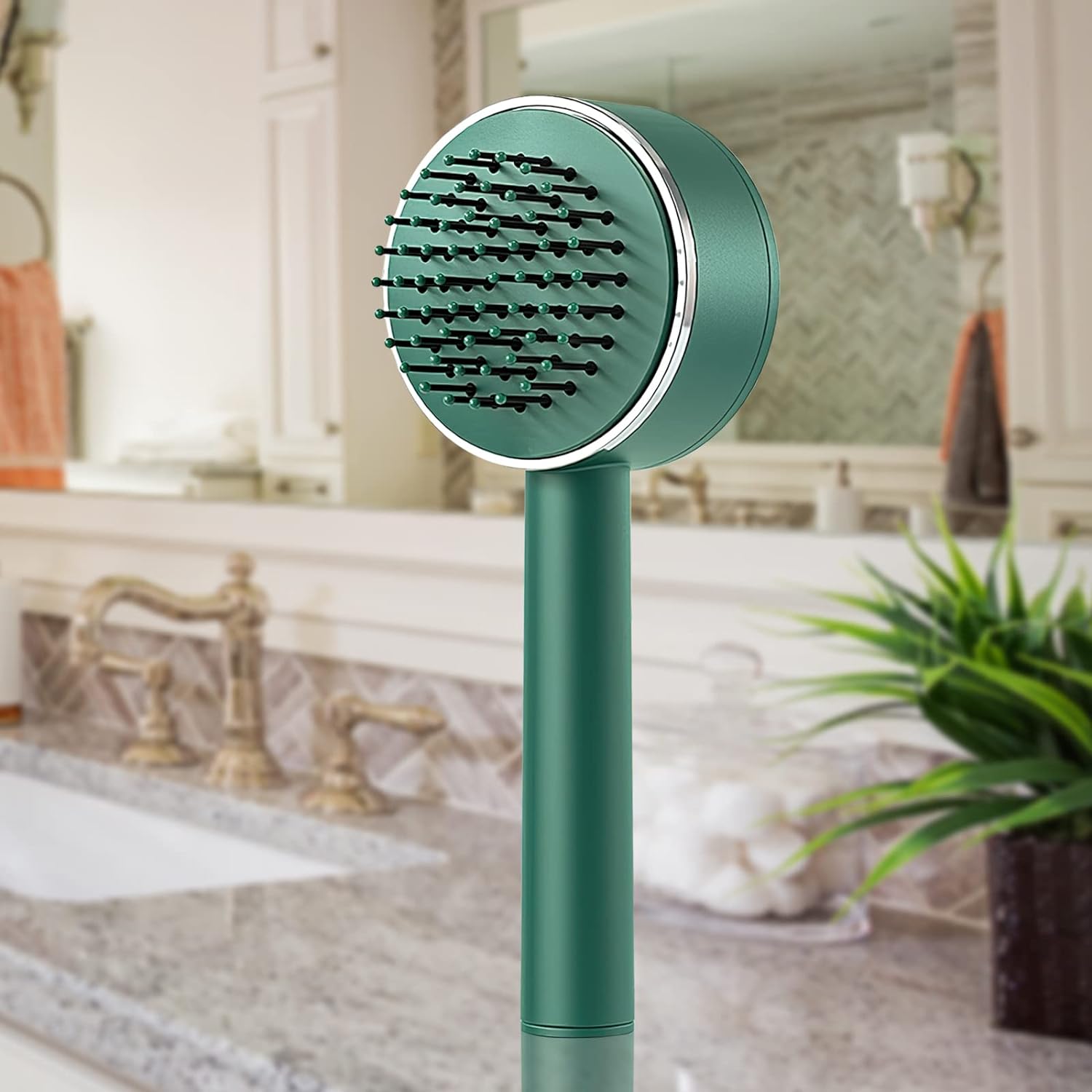 Wukusy air cushion massage brush with long handle, self-cleaning detangling comb, anti-static for all hair types.