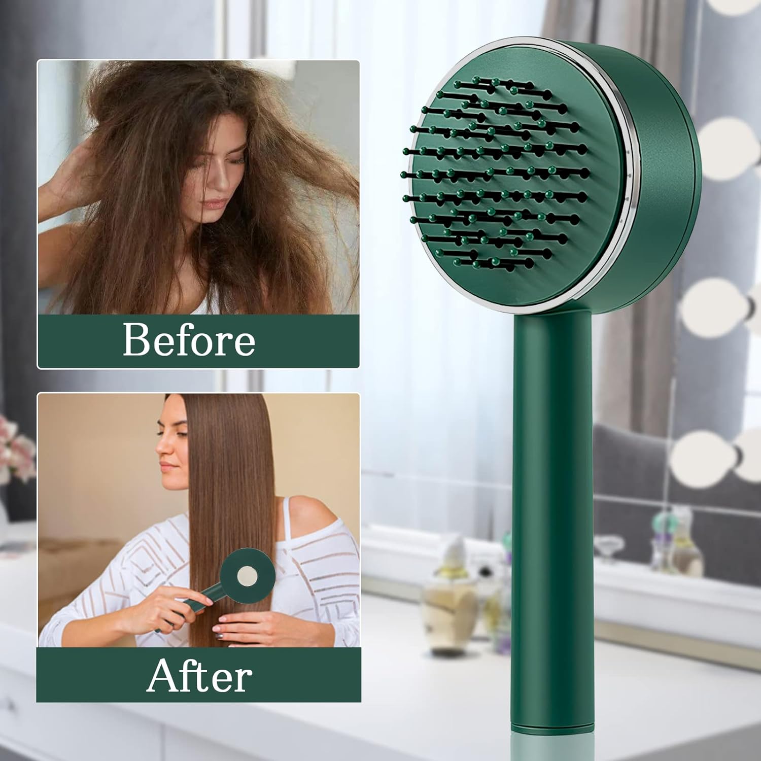 Wukusy Air Cushion Massage Brush with long handle, self-cleaning hair comb, anti-static detangling for all hair types.