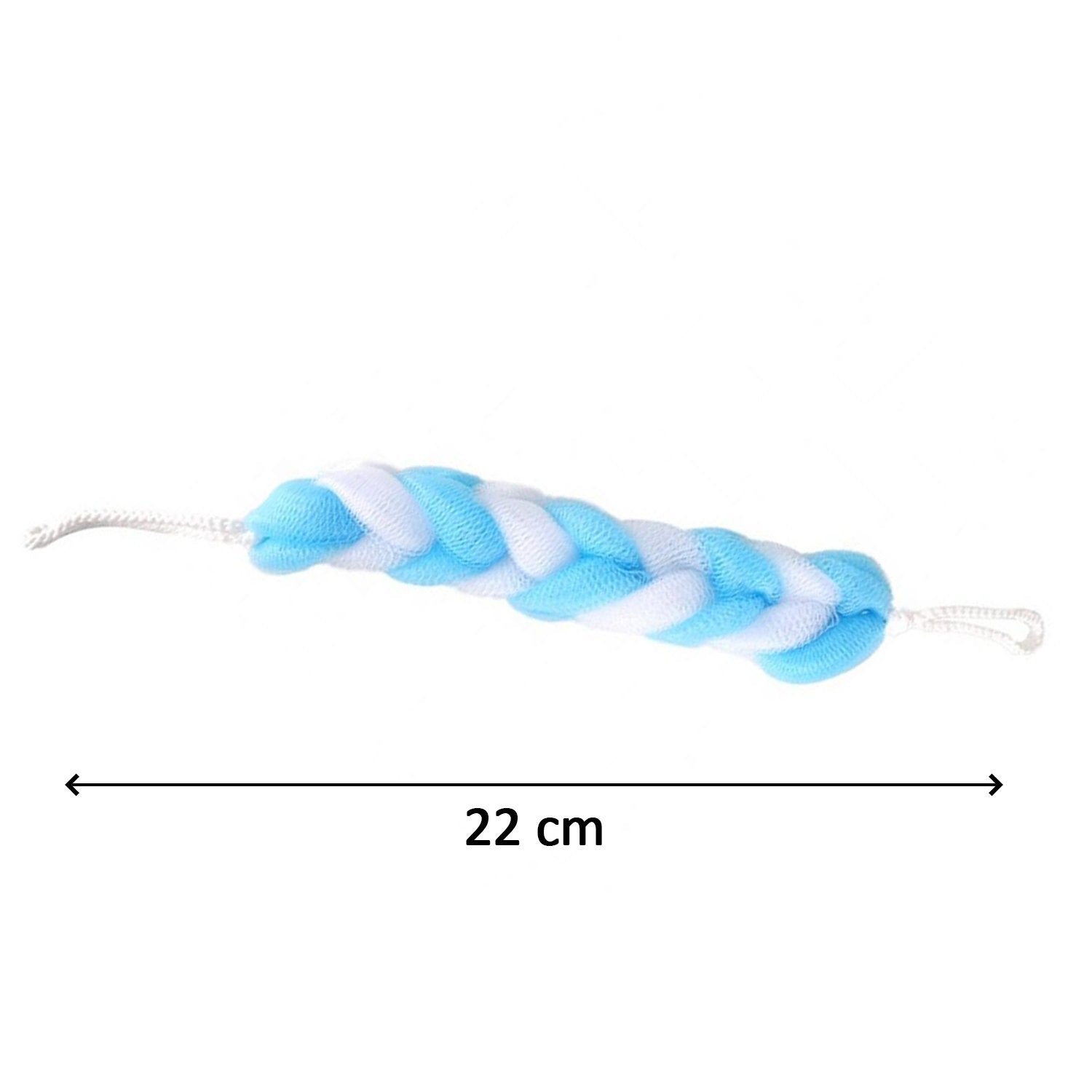 Six Wukusy hanging bath loofah sponges with long body scrubbers, small size, ideal for shower and bath exfoliation.